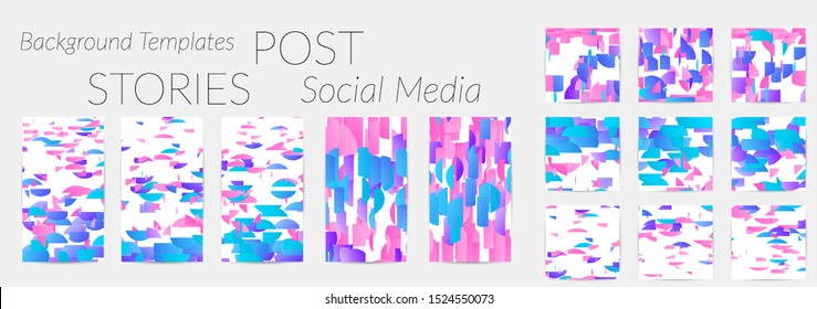 Creative backgrounds for social media. Editable story templates. Bright colored with gradient stripes or small particles promotional backgrounds for social media apps. Glitch effect.