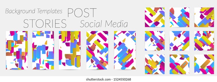 Creative backgrounds for social media. Editable story templates. Bright colored with gradient stripes or small particles promotional backgrounds for social media apps. Glitch effect.