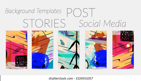 Creative backgrounds for social media. Editable story templates. Bright colored with hand drawn scribbles promotional backgrounds for social media apps.