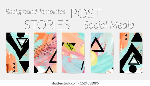 Creative backgrounds for social media. Editable story templates. Bright colored with hand drawn scribbles promotional backgrounds for social media apps.