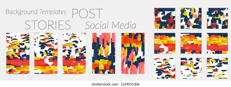 Creative backgrounds for social media. Editable story templates. Bright colored with gradient stripes or small particles promotional backgrounds for social media apps. Glitch effect.