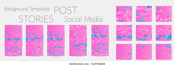 Creative backgrounds for social media. Editable story templates. Bright colored with gradient stripes or small particles promotional backgrounds for social media apps. Glitch effect.