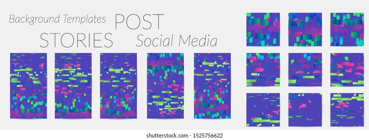 Creative backgrounds for social media. Editable story templates. Bright colored with gradient stripes or small particles promotional backgrounds for social media apps. Glitch effect.