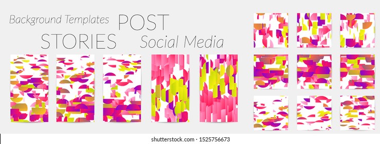 Creative backgrounds for social media. Editable story templates. Bright colored with gradient stripes or small particles promotional backgrounds for social media apps. Glitch effect.
