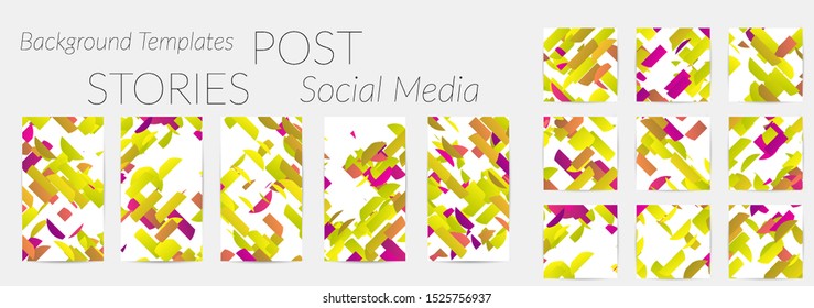 Creative backgrounds for social media. Editable story templates. Bright colored with gradient stripes or small particles promotional backgrounds for social media apps. Glitch effect.