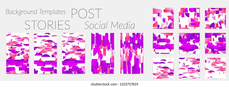 Creative backgrounds for social media. Editable story templates. Bright colored with gradient stripes or small particles promotional backgrounds for social media apps. Glitch effect.