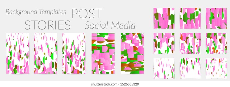 Creative backgrounds for social media. Editable story templates. Bright colored with gradient stripes or small particles promotional backgrounds for social media apps. Glitch effect.