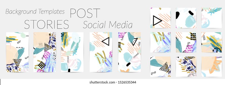 Creative backgrounds for social media. Editable story templates. Bright colored with hand drawn scribbles promotional backgrounds for social media apps.