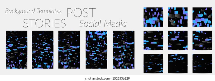 Creative backgrounds for social media. Editable story templates. Bright colored with gradient stripes or small particles promotional backgrounds for social media apps. Glitch effect.