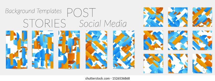 Creative backgrounds for social media. Editable story templates. Bright colored with gradient stripes or small particles promotional backgrounds for social media apps. Glitch effect.