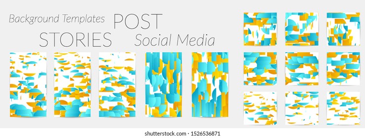 Creative backgrounds for social media. Editable story templates. Bright colored with gradient stripes or small particles promotional backgrounds for social media apps. Glitch effect.