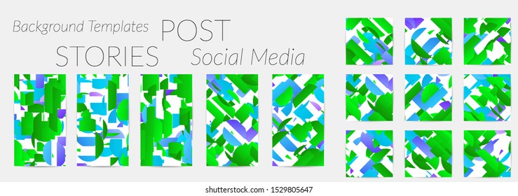 Creative backgrounds for social media. Editable story templates. Bright colored with gradient stripes or small particles promotional backgrounds for social media apps. Glitch effect.