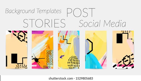 Creative backgrounds for social media. Editable story templates. Bright colored with hand drawn scribbles promotional backgrounds for social media apps.