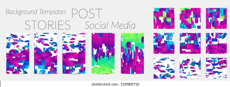 Creative backgrounds for social media. Editable story templates. Bright colored with gradient stripes or small particles promotional backgrounds for social media apps. Glitch effect.