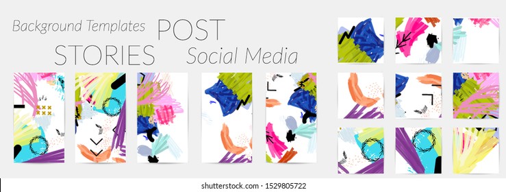 Creative backgrounds for social media. Editable story templates. Bright colored with hand drawn scribbles promotional backgrounds for social media apps.