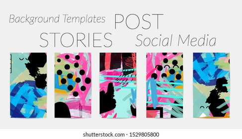 Creative backgrounds for social media. Editable story templates. Bright colored with hand drawn scribbles promotional backgrounds for social media apps.