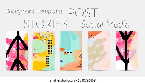Creative backgrounds for social media. Editable story templates. Bright colored with hand drawn scribbles promotional backgrounds for social media apps.