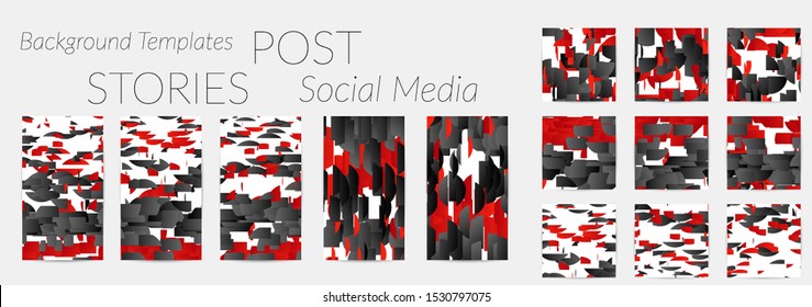 Creative backgrounds for social media. Editable story templates. Bright colored with gradient stripes or small particles promotional backgrounds for social media apps. Glitch effect.