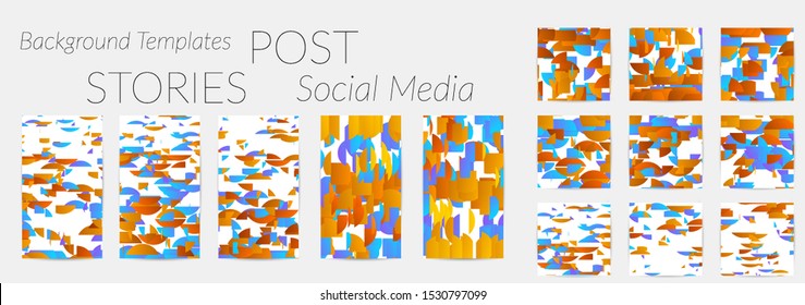 Creative backgrounds for social media. Editable story templates. Bright colored with gradient stripes or small particles promotional backgrounds for social media apps. Glitch effect.