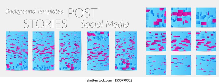 Creative backgrounds for social media. Editable story templates. Bright colored with gradient stripes or small particles promotional backgrounds for social media apps. Glitch effect.