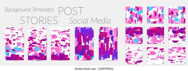 Creative backgrounds for social media. Editable story templates. Bright colored with gradient stripes or small particles promotional backgrounds for social media apps. Glitch effect.