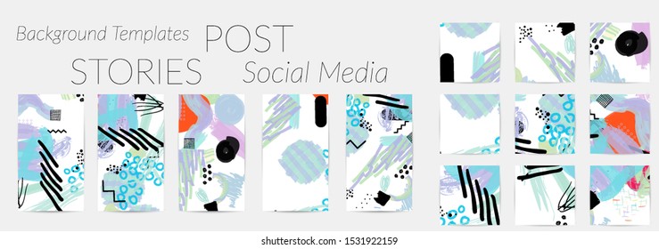 Creative backgrounds for social media. Editable story templates. Bright colored with hand drawn scribbles promotional backgrounds for social media apps.