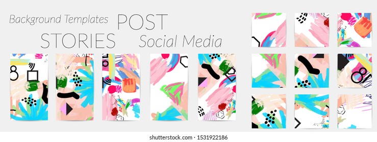 Creative backgrounds for social media. Editable story templates. Bright colored with hand drawn scribbles promotional backgrounds for social media apps.