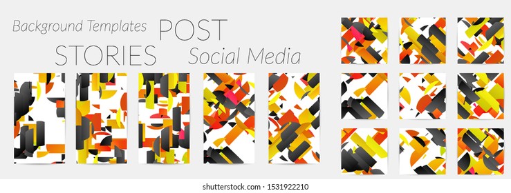 Creative backgrounds for social media. Editable story templates. Bright colored with gradient stripes or small particles promotional backgrounds for social media apps. Glitch effect.