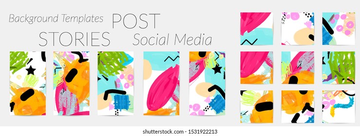 Creative backgrounds for social media. Editable story templates. Bright colored with hand drawn scribbles promotional backgrounds for social media apps.