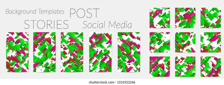 Creative backgrounds for social media. Editable story templates. Bright colored with gradient stripes or small particles promotional backgrounds for social media apps. Glitch effect.