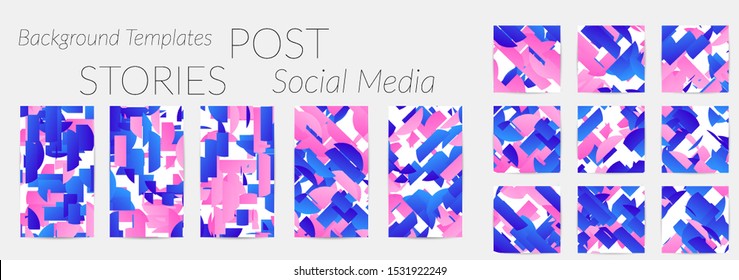 Creative backgrounds for social media. Editable story templates. Bright colored with gradient stripes or small particles promotional backgrounds for social media apps. Glitch effect.