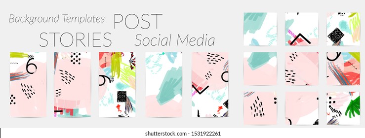 Creative backgrounds for social media. Editable story templates. Bright colored with hand drawn scribbles promotional backgrounds for social media apps.