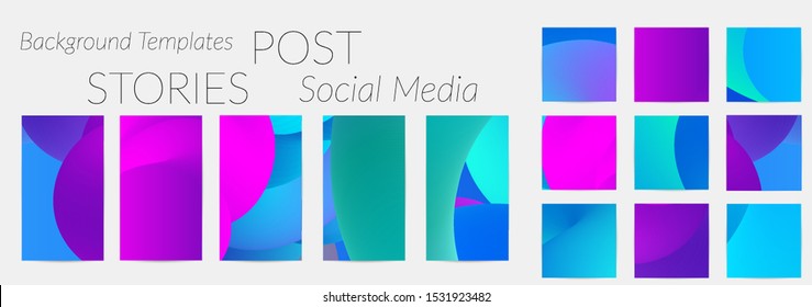 Fondos creativos para los medios sociales. Plantillas de artículos editables. Los colores vivos y el degradado mezclan formas líquidas con fondos promocionales para aplicaciones de medios sociales.