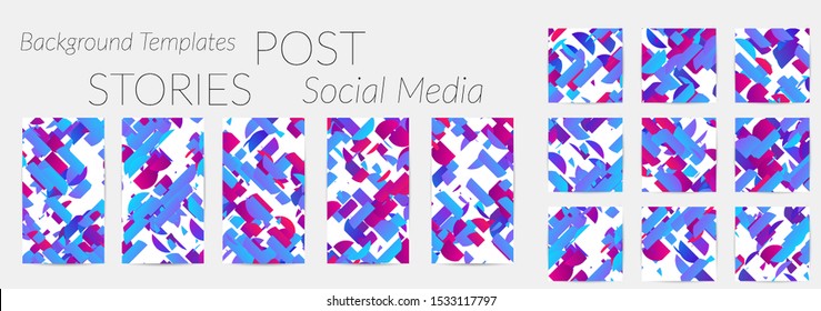 Creative backgrounds for social media. Editable story templates. Bright colored with gradient stripes or small particles promotional backgrounds for social media apps. Glitch effect.