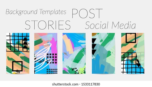 Creative backgrounds for social media. Editable story templates. Bright colored with hand drawn scribbles promotional backgrounds for social media apps.