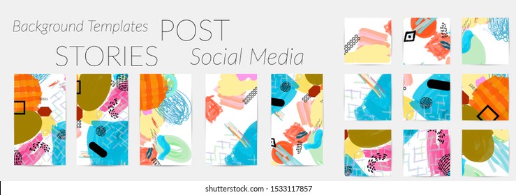 Creative backgrounds for social media. Editable story templates. Bright colored with hand drawn scribbles promotional backgrounds for social media apps.