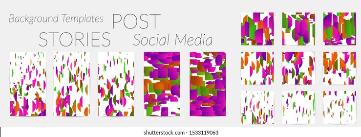 Creative backgrounds for social media. Editable story templates. Bright colored with gradient stripes or small particles promotional backgrounds for social media apps. Glitch effect.