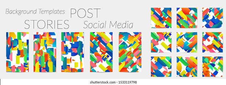 Creative backgrounds for social media. Editable story templates. Bright colored with gradient stripes or small particles promotional backgrounds for social media apps. Glitch effect.
