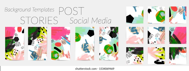 Creative backgrounds for social media. Editable story templates. Bright colored with hand drawn scribbles promotional backgrounds for social media apps.