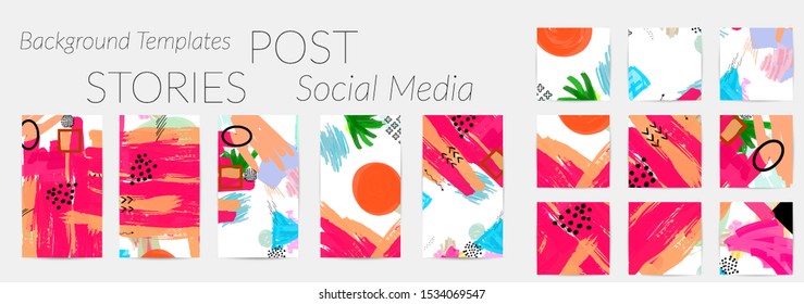 Creative backgrounds for social media. Editable story templates. Bright colored with hand drawn scribbles promotional backgrounds for social media apps.
