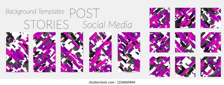 Creative backgrounds for social media. Editable story templates. Bright colored with gradient stripes or small particles promotional backgrounds for social media apps. Glitch effect.