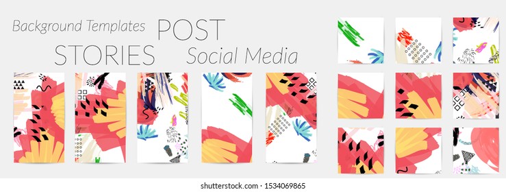 Creative backgrounds for social media. Editable story templates. Bright colored with hand drawn scribbles promotional backgrounds for social media apps.