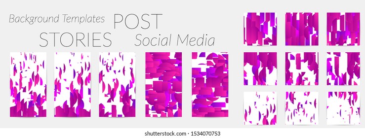 Creative backgrounds for social media. Editable story templates. Bright colored with gradient stripes or small particles promotional backgrounds for social media apps. Glitch effect.