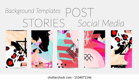 Creative backgrounds for social media. Editable story templates. Bright colored with hand drawn scribbles promotional backgrounds for social media apps.