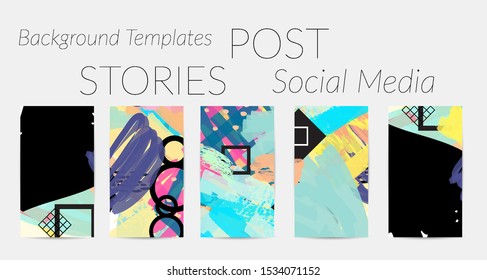 Creative backgrounds for social media. Editable story templates. Bright colored with hand drawn scribbles promotional backgrounds for social media apps.