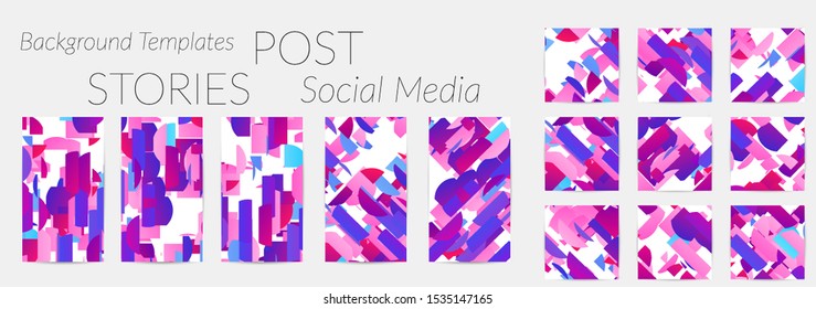 Creative backgrounds for social media. Editable story templates. Bright colored with gradient stripes or small particles promotional backgrounds for social media apps. Glitch effect.