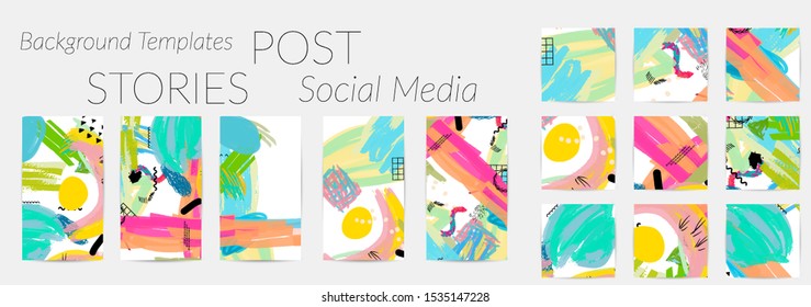 Creative backgrounds for social media. Editable story templates. Bright colored with hand drawn scribbles promotional backgrounds for social media apps.