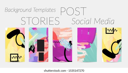 Creative backgrounds for social media. Editable story templates. Bright colored with hand drawn scribbles promotional backgrounds for social media apps.