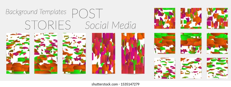 Creative backgrounds for social media. Editable story templates. Bright colored with gradient stripes or small particles promotional backgrounds for social media apps. Glitch effect.