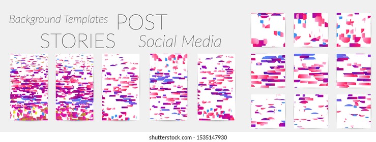 Creative backgrounds for social media. Editable story templates. Bright colored with gradient stripes or small particles promotional backgrounds for social media apps. Glitch effect.